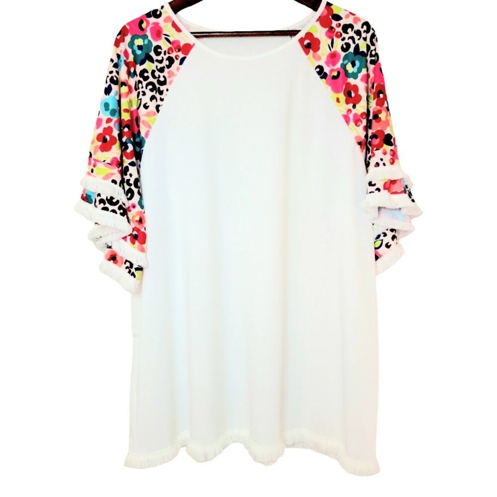 Womens 3XL Shein White- Multi-Color Short Sleeve Floral Fringe- Trim Raglan Top